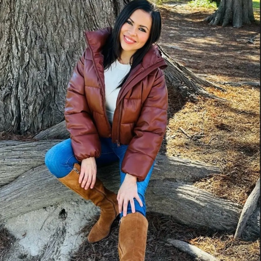 OOF Faux Leather Puffer Jacket Coat with Hood Brown Size IT 42 / US 6